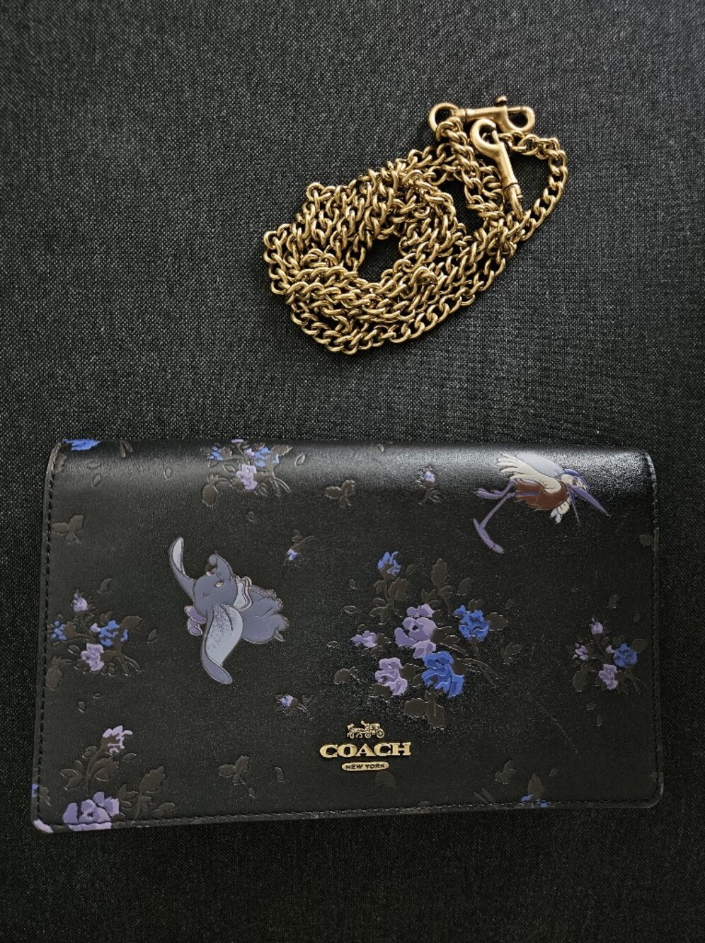 Coach Black Floral Dumbo Leather Crossbody with Gold Chain